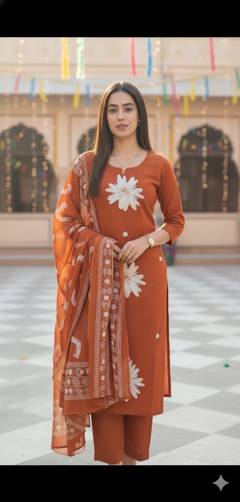 Rust Floral Printed Ethnic Suit