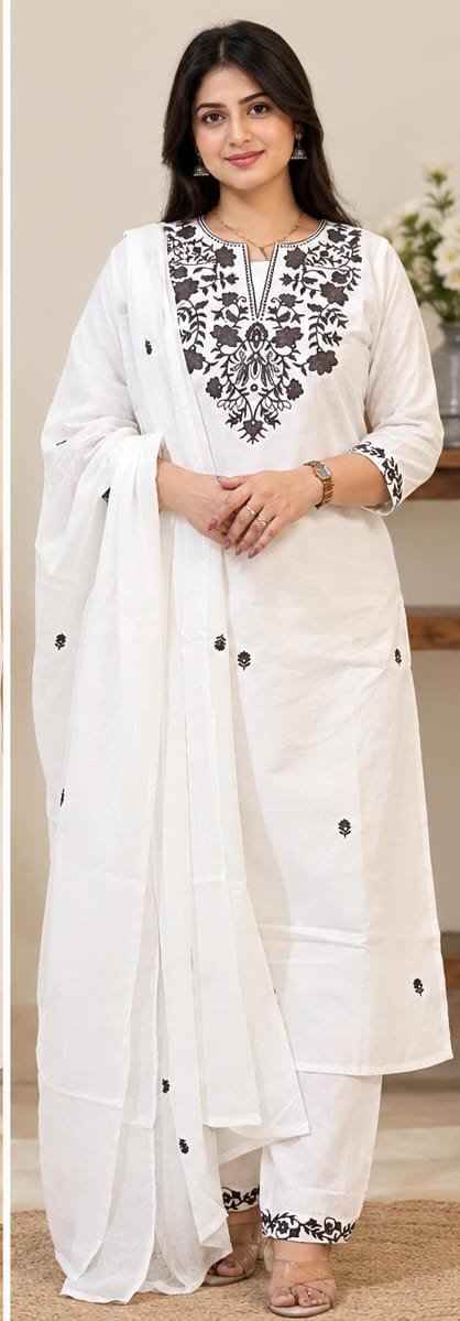 White-Coffee brown Embroidered suit