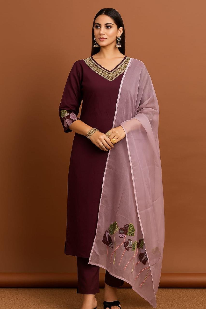 Purple Muslin Embroidered suit