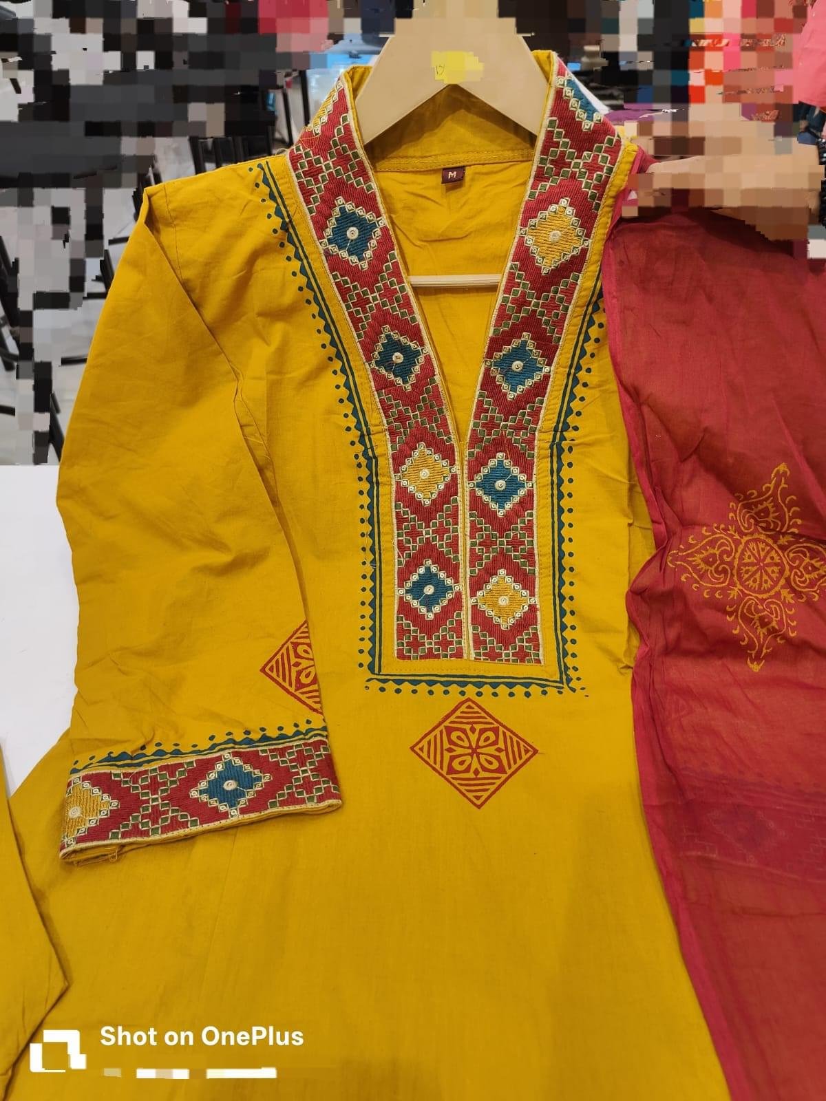 Yellow Block printed A-line Cotton Suit - Image 3